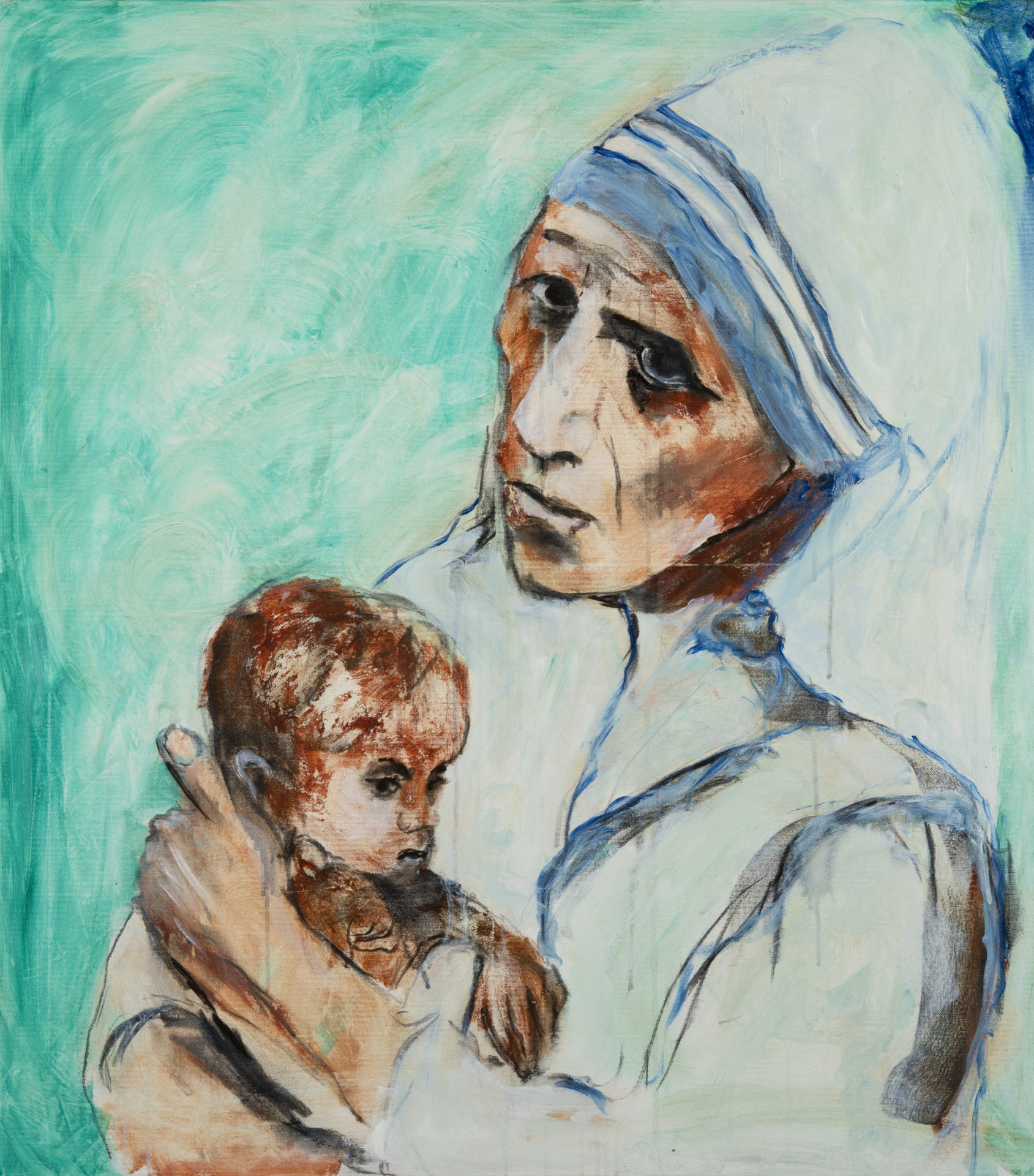 Mère Téresa et un enfant des bidonvilles
